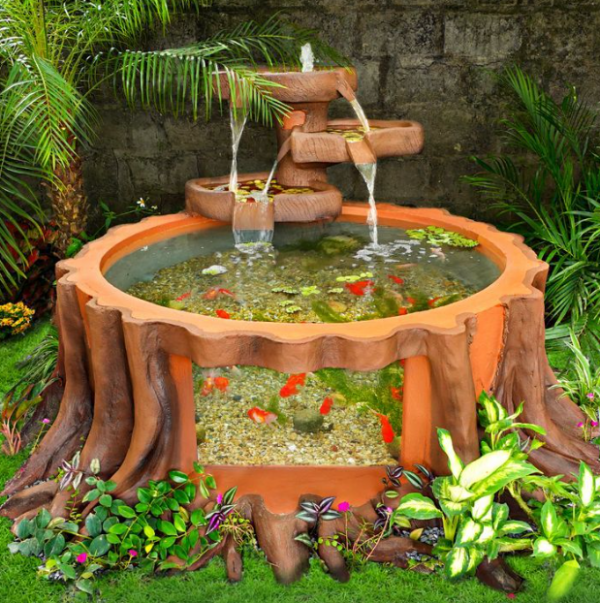 Aquarium outdoor dengan pemandangan air terjun buatan